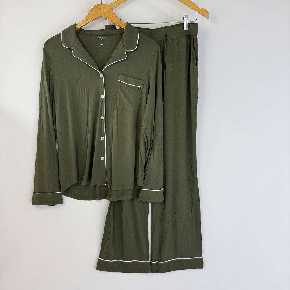 Cozy Earth Pajama Set Women Medium Olive Green Bamboo Long Sleeve Button Front
